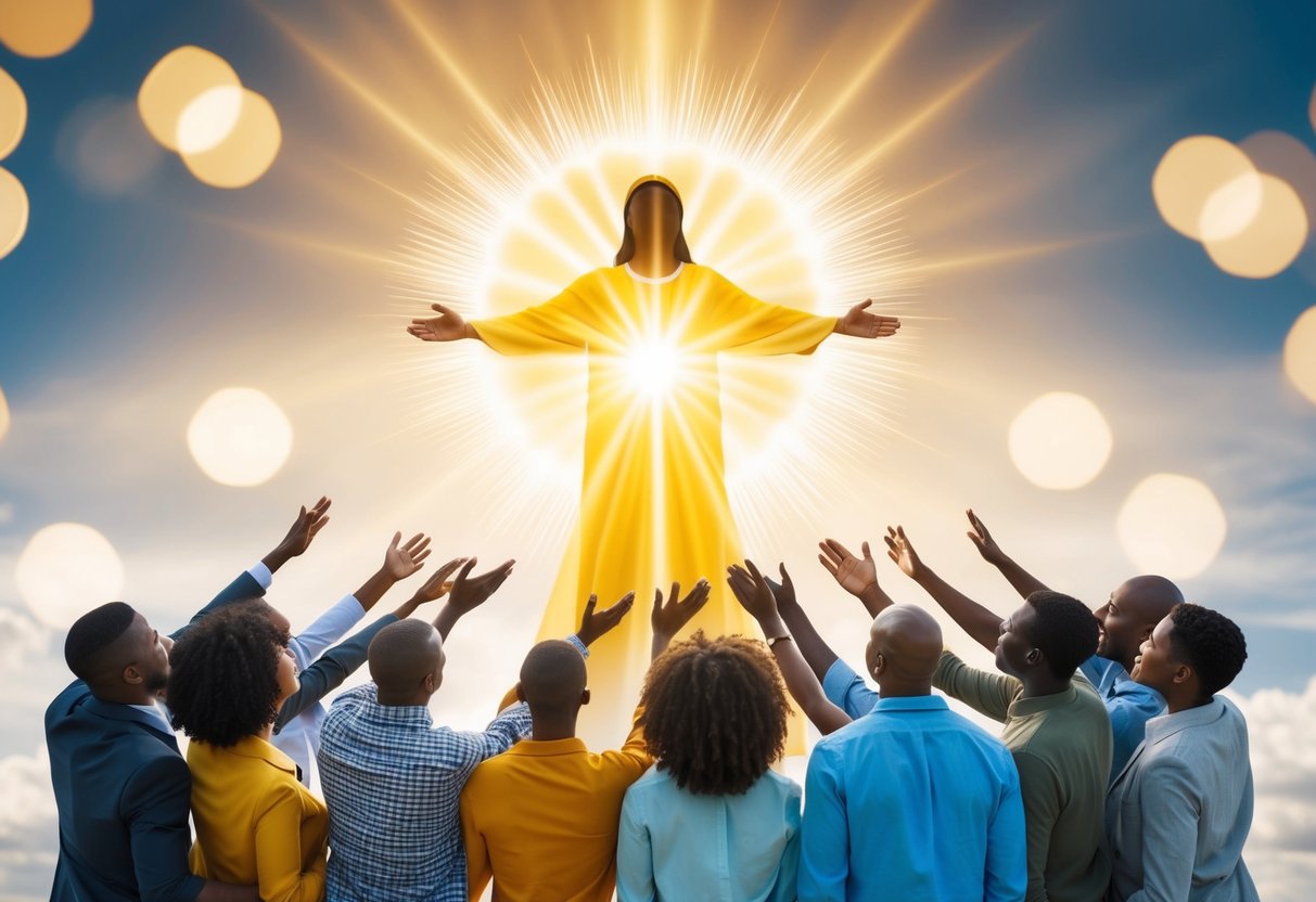 A radiant figure surrounded by light, reaching out with open arms towards a group of diverse individuals