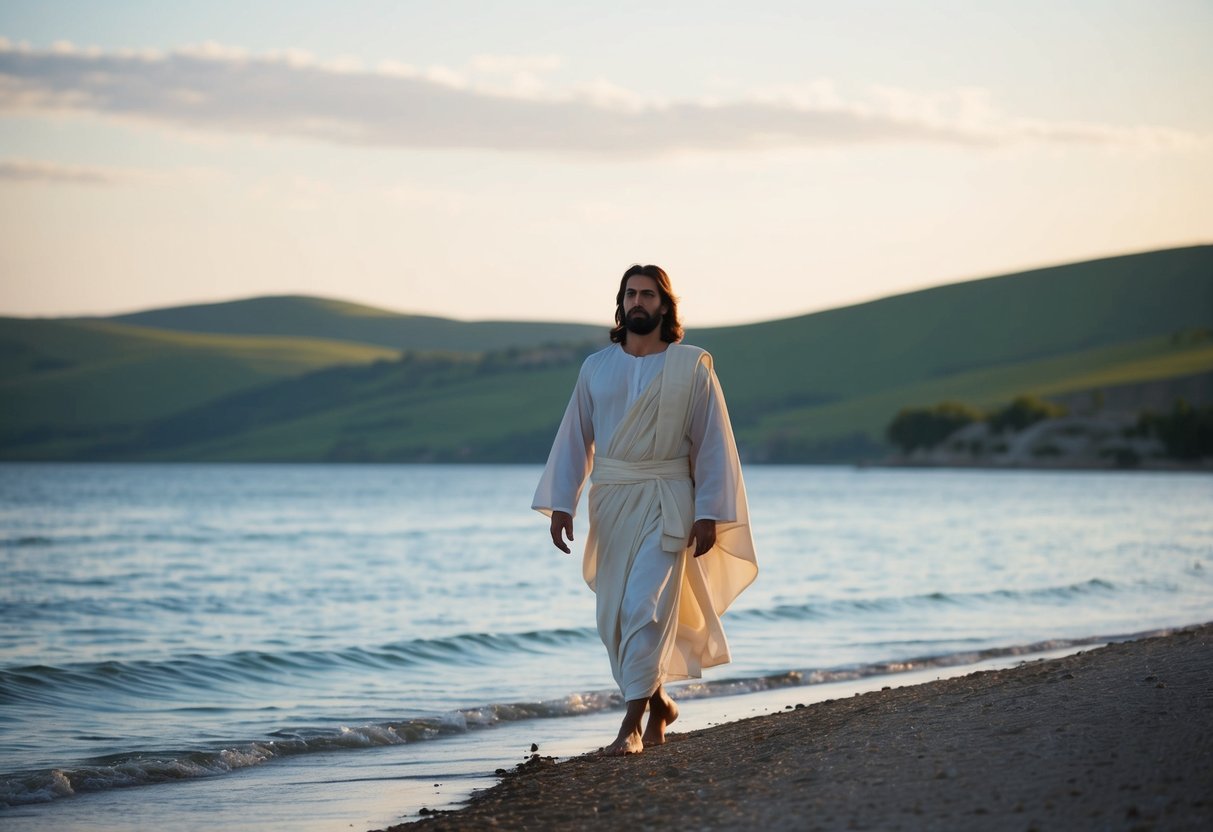 Jesus walking on the shores of the Sea of Galilee, with rolling hills and a peaceful, serene atmosphere