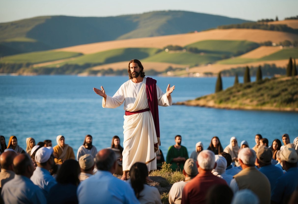 Jesus teaching on a hillside, surrounded by a crowd. The Sea of Galilee in the background, with rolling hills and fields