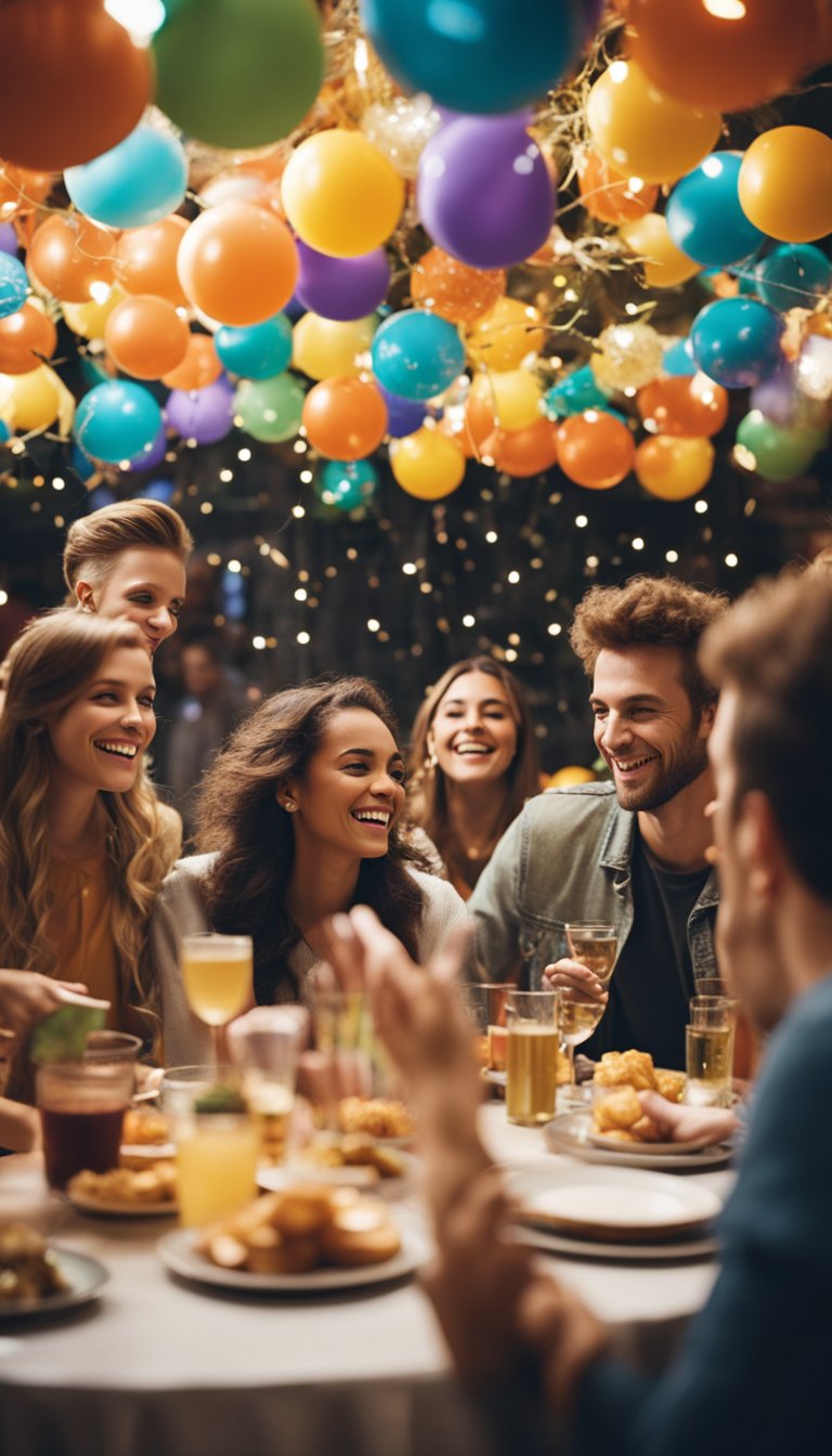 A lively, bustling party with people chatting and laughing, surrounded by colorful decorations and vibrant music