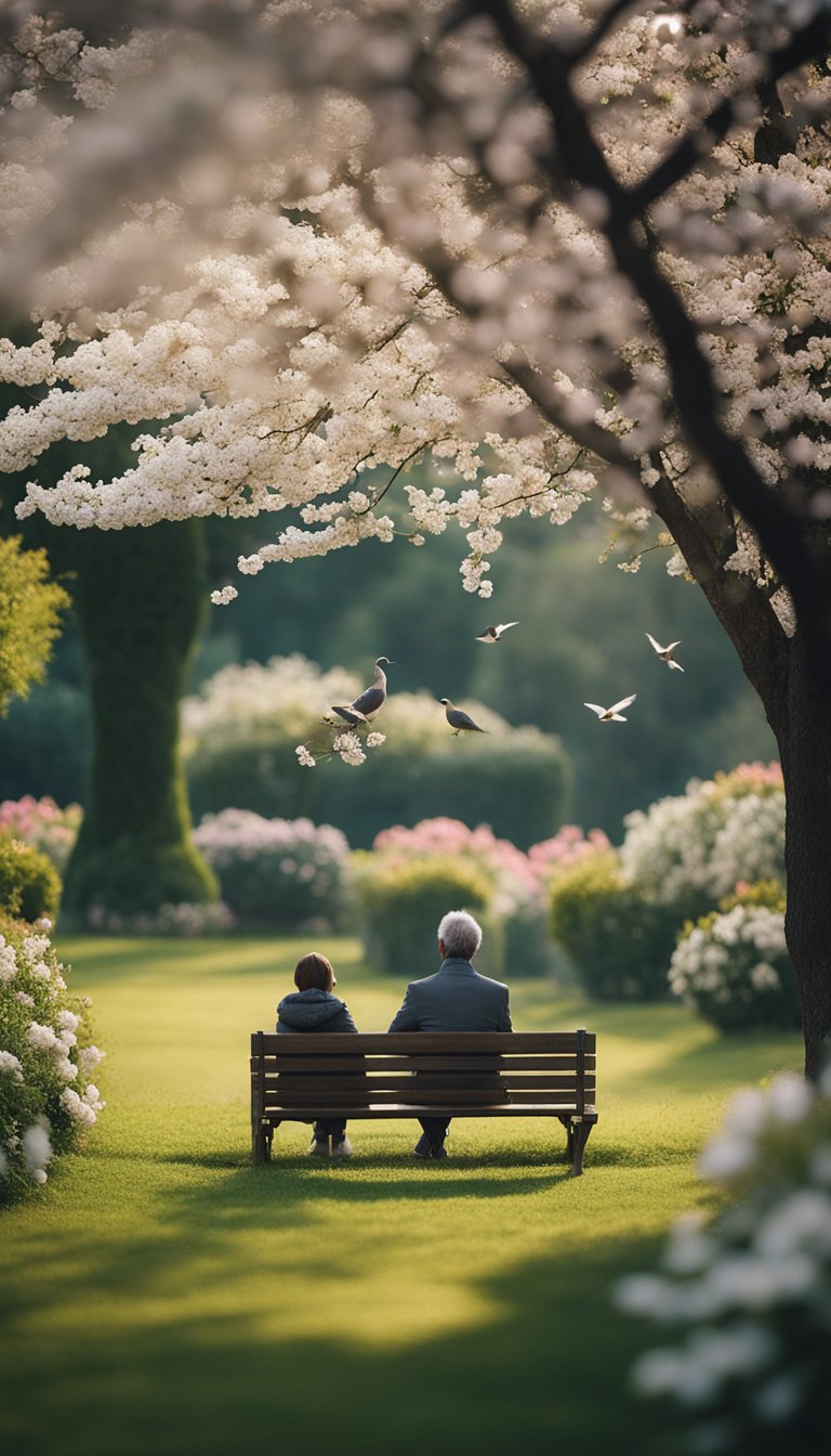 A calm, solitary figure sitting in a peaceful garden, surrounded by blooming flowers and chirping birds