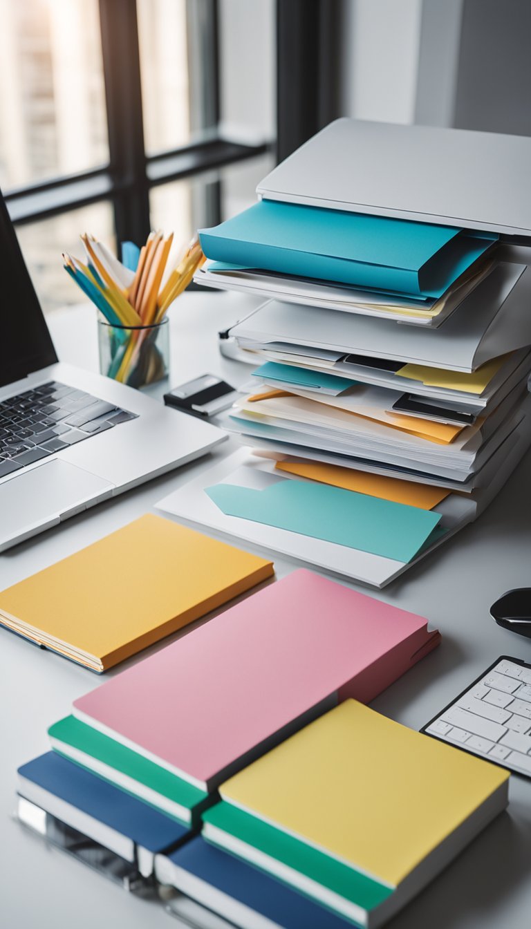 A meticulously organized desk with color-coded folders and neatly arranged office supplies