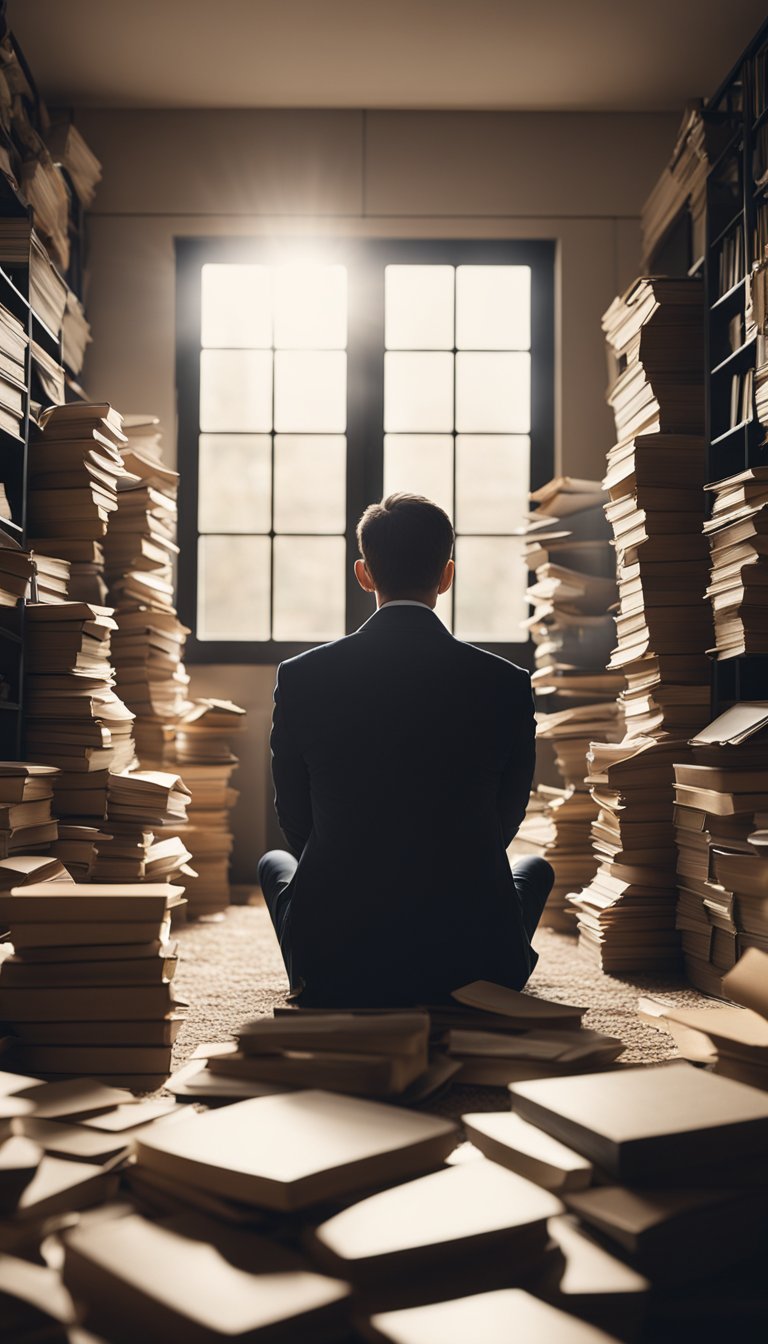 A person sitting alone in a dimly lit room, surrounded by scattered papers and books, with a look of worry and anxiety on their face