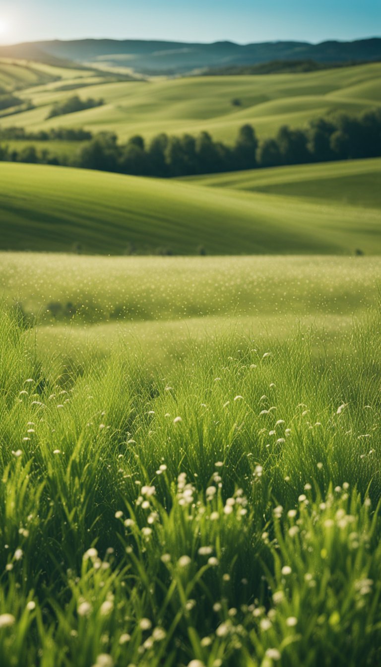 A vast open field with a clear blue sky, surrounded by rolling hills and a gentle breeze
