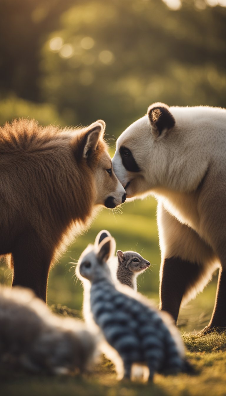 A group of animals interacting in a peaceful and harmonious manner, displaying warmth and openness towards each other