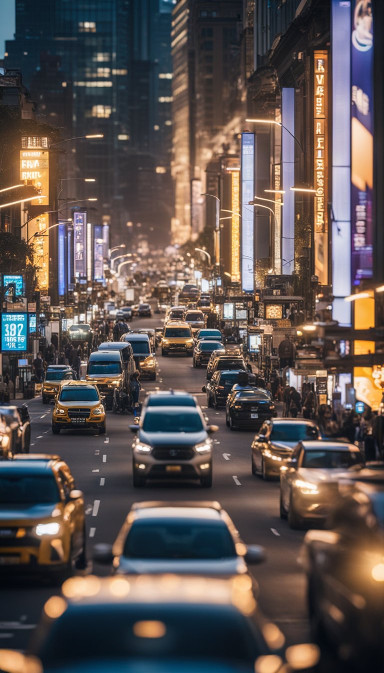 A bustling city street with vibrant colors and diverse architecture, filled with people and vehicles moving at a fast pace