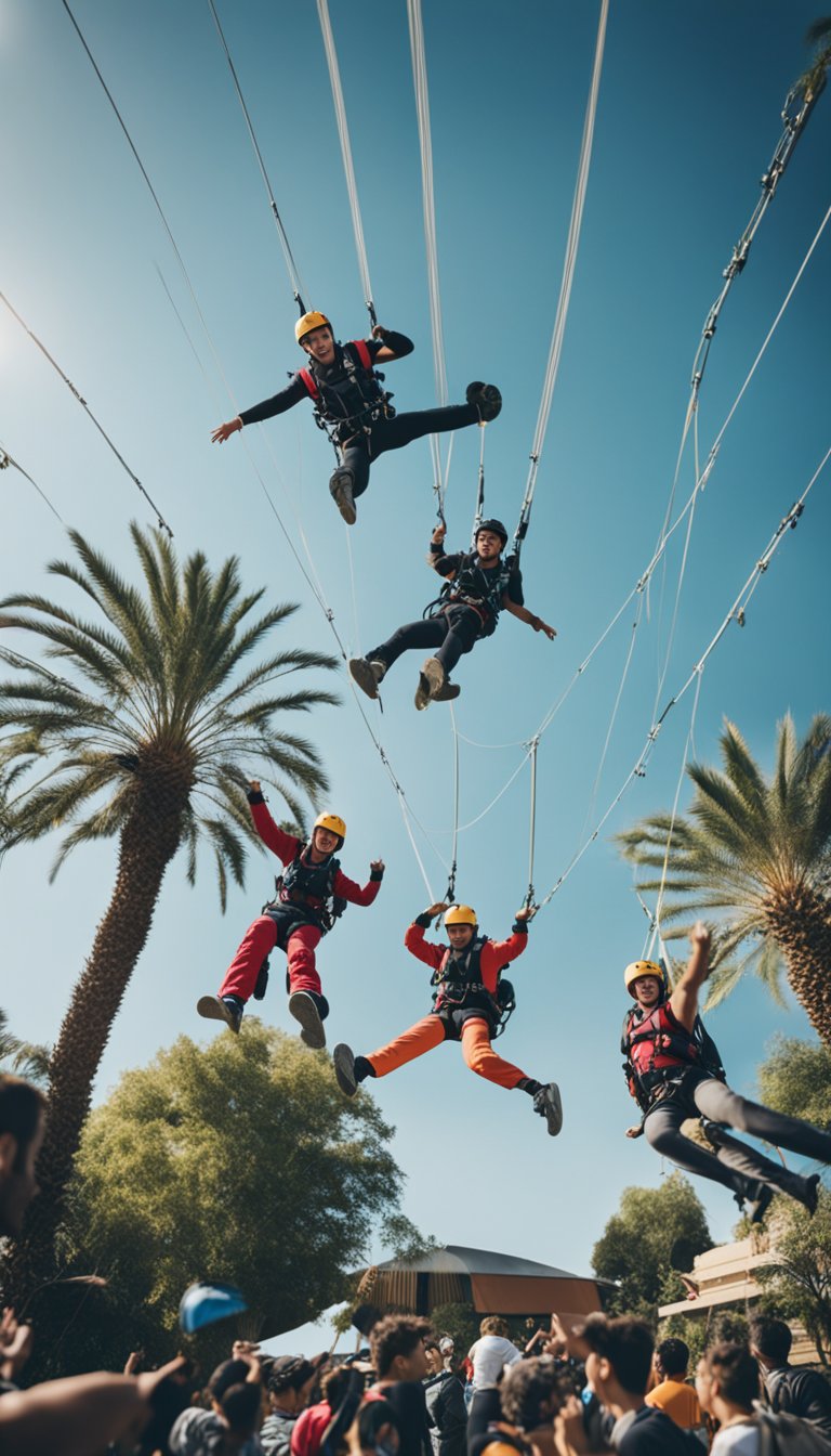 A group of people participating in high-energy activities like bungee jumping, skydiving, and rollercoaster riding