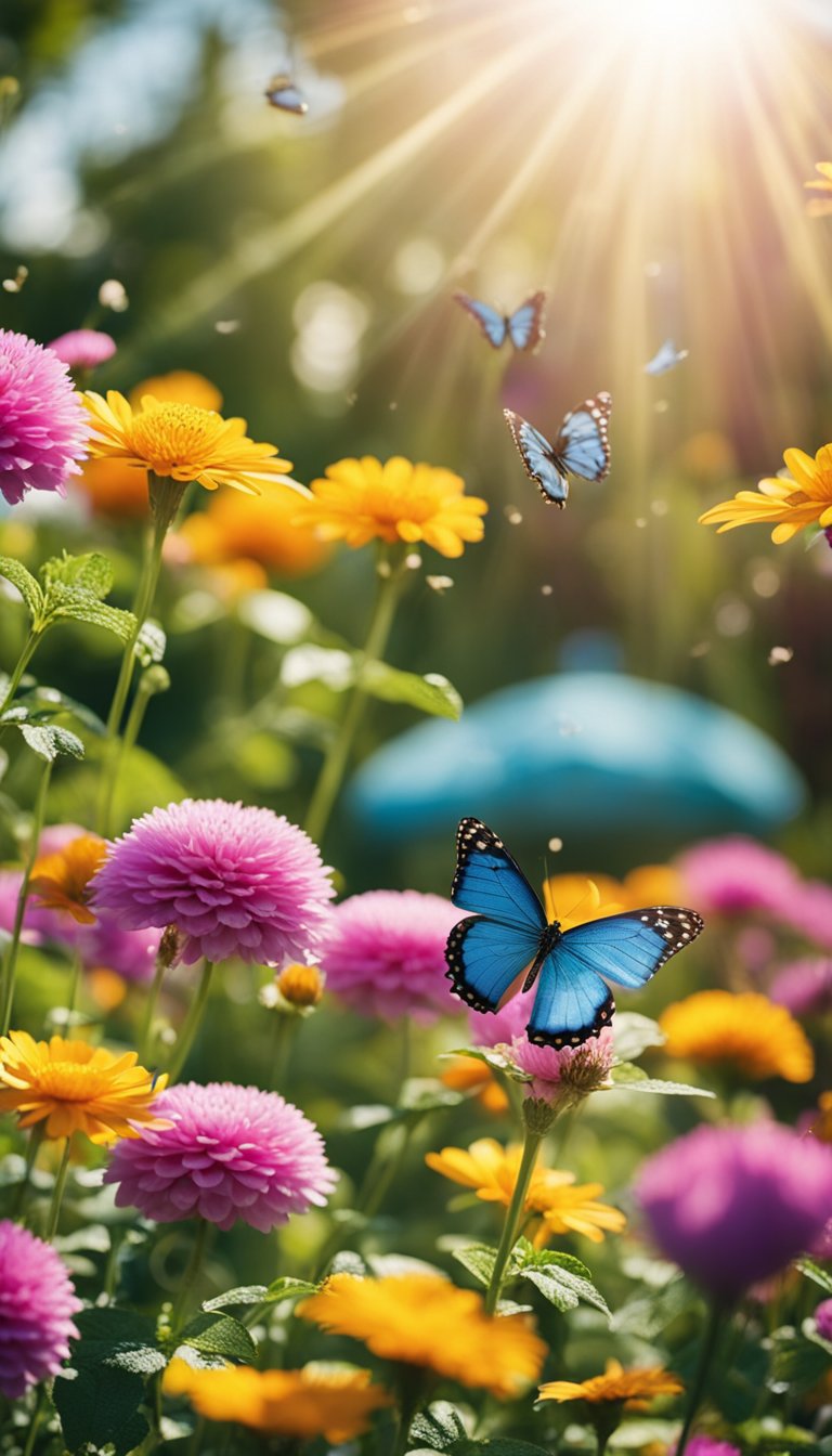 A vibrant garden bursting with colorful flowers and butterflies, under a bright, sunny sky
