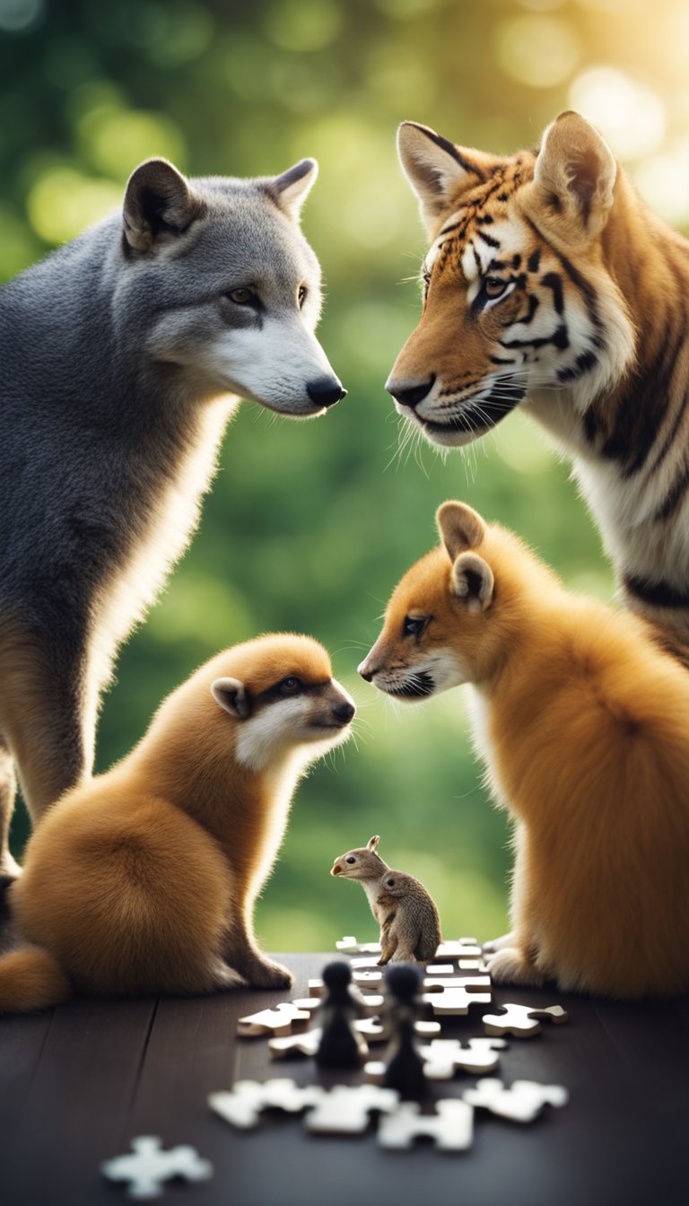 Five animals working together to solve a puzzle, each demonstrating a different personality trait