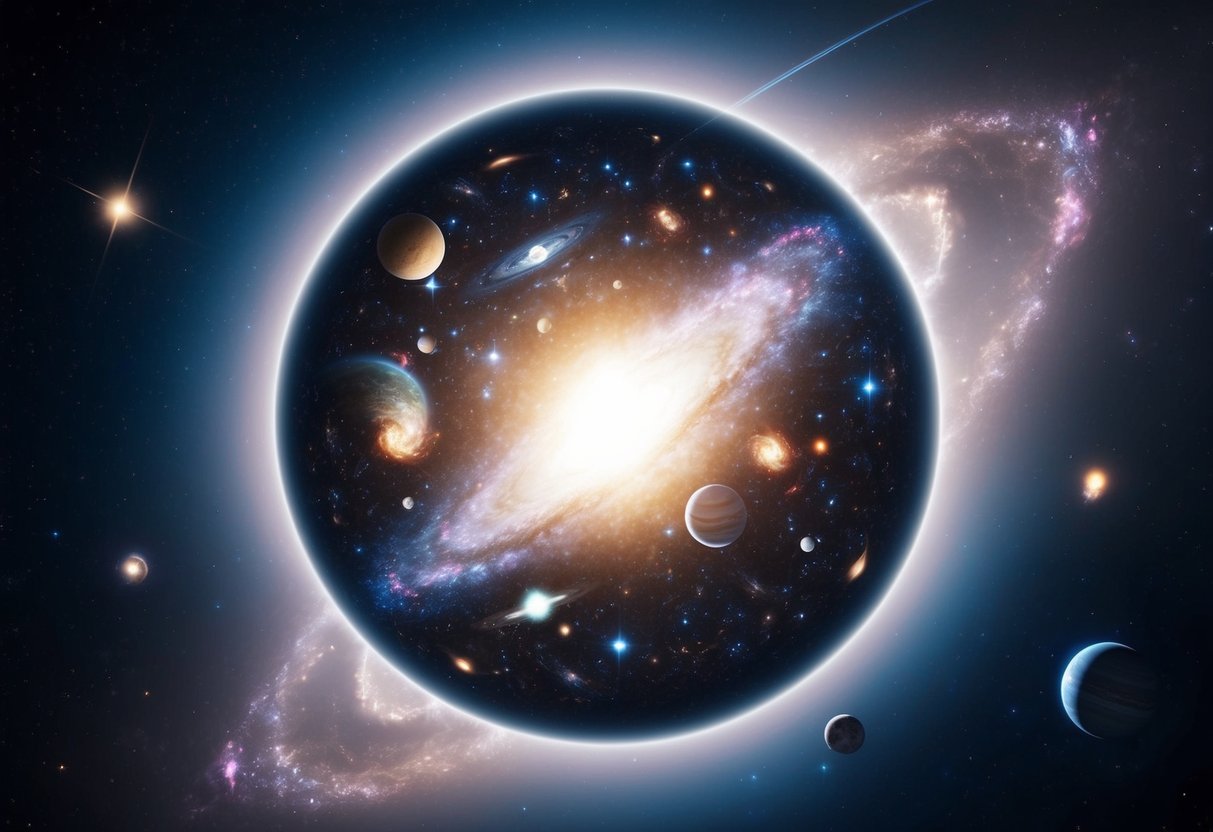 A vast universe unfolding from a single point, bursting with galaxies, stars, and planets, all emanating from a central source of light and energy