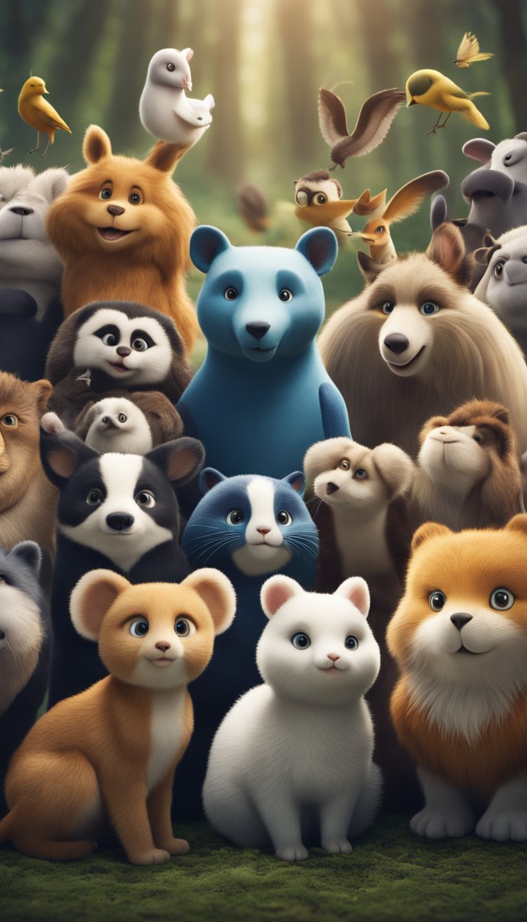 A group of animals exhibiting empathy towards each other, displaying various traits such as openness, conscientiousness, extraversion, agreeableness, and neuroticism