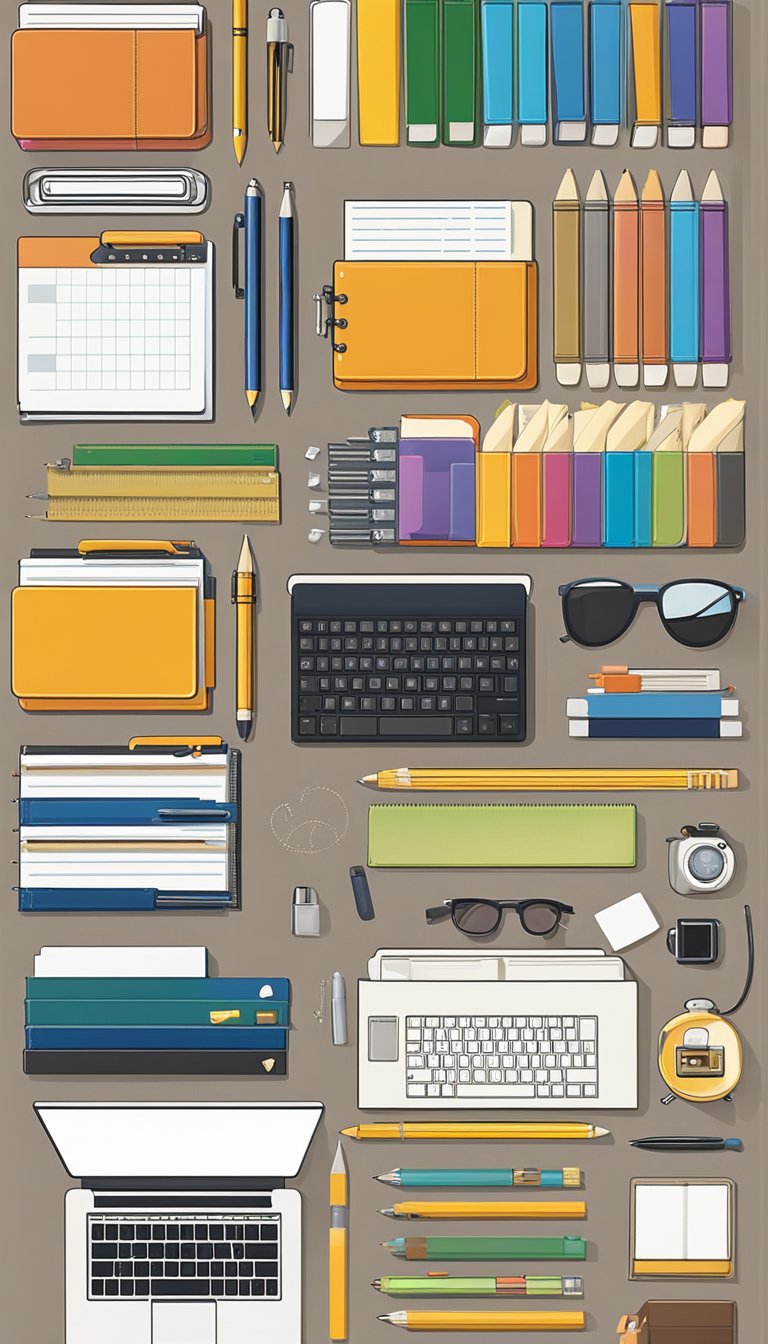 A neatly organized desk with labeled folders, color-coded notebooks, and a tidy arrangement of pens and pencils