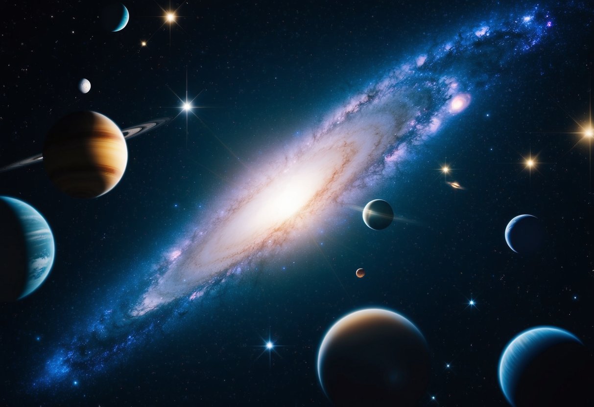A vast universe filled with galaxies, stars, and planets, all created by the powerful and divine presence of Jesus