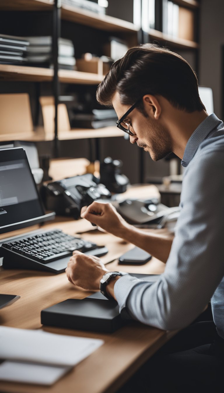 A person diligently organizing a neat and orderly workspace