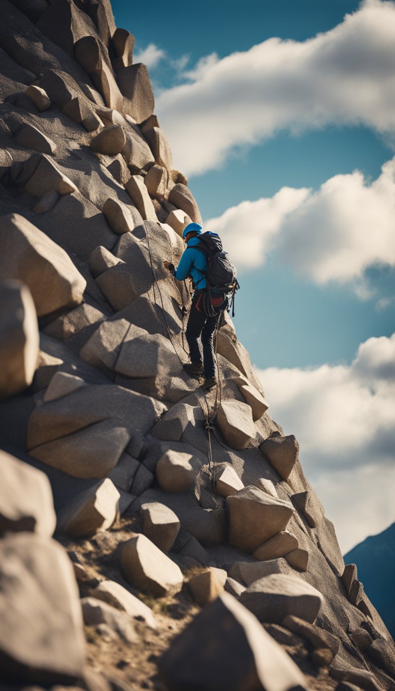 A determined figure climbing a mountain, surrounded by symbols of success and ambition