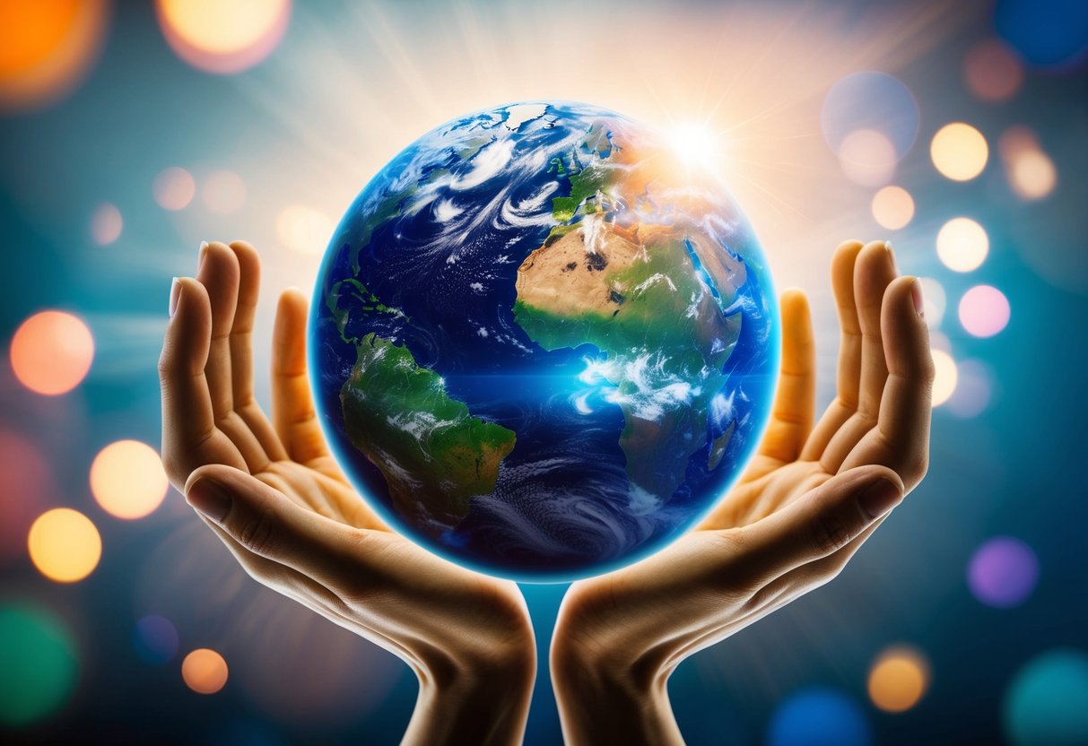 A vibrant and diverse world emerging from the hands of a powerful figure