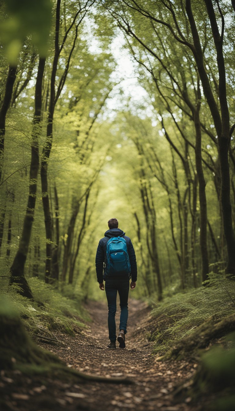 A person carefully navigating through a densely wooded area, stepping over fallen branches and watching their every move