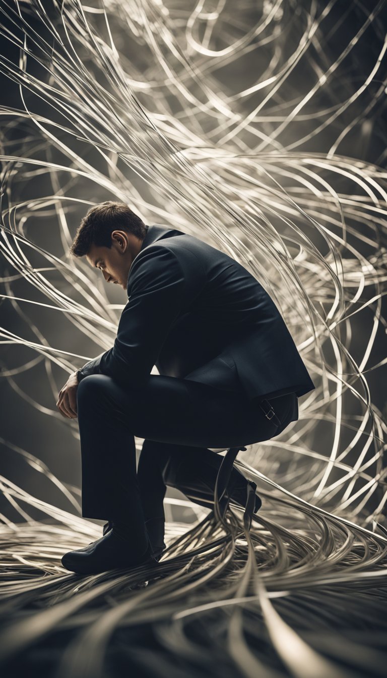 A figure hunched over, surrounded by swirling, chaotic lines and shapes. The atmosphere feels tense and uneasy