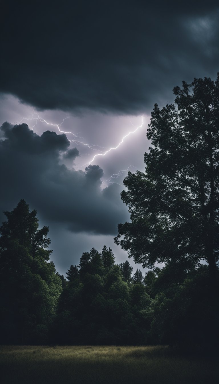 A stormy sky with dark, brooding clouds, lightning flashing angrily across the horizon, and trees bending in the fierce wind