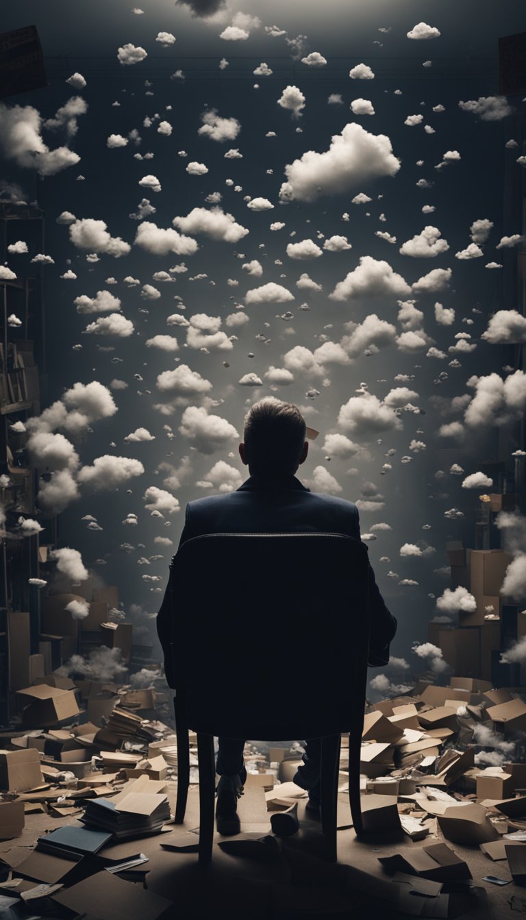 A dark cloud hovers over a figure, slumped in a chair, surrounded by clutter