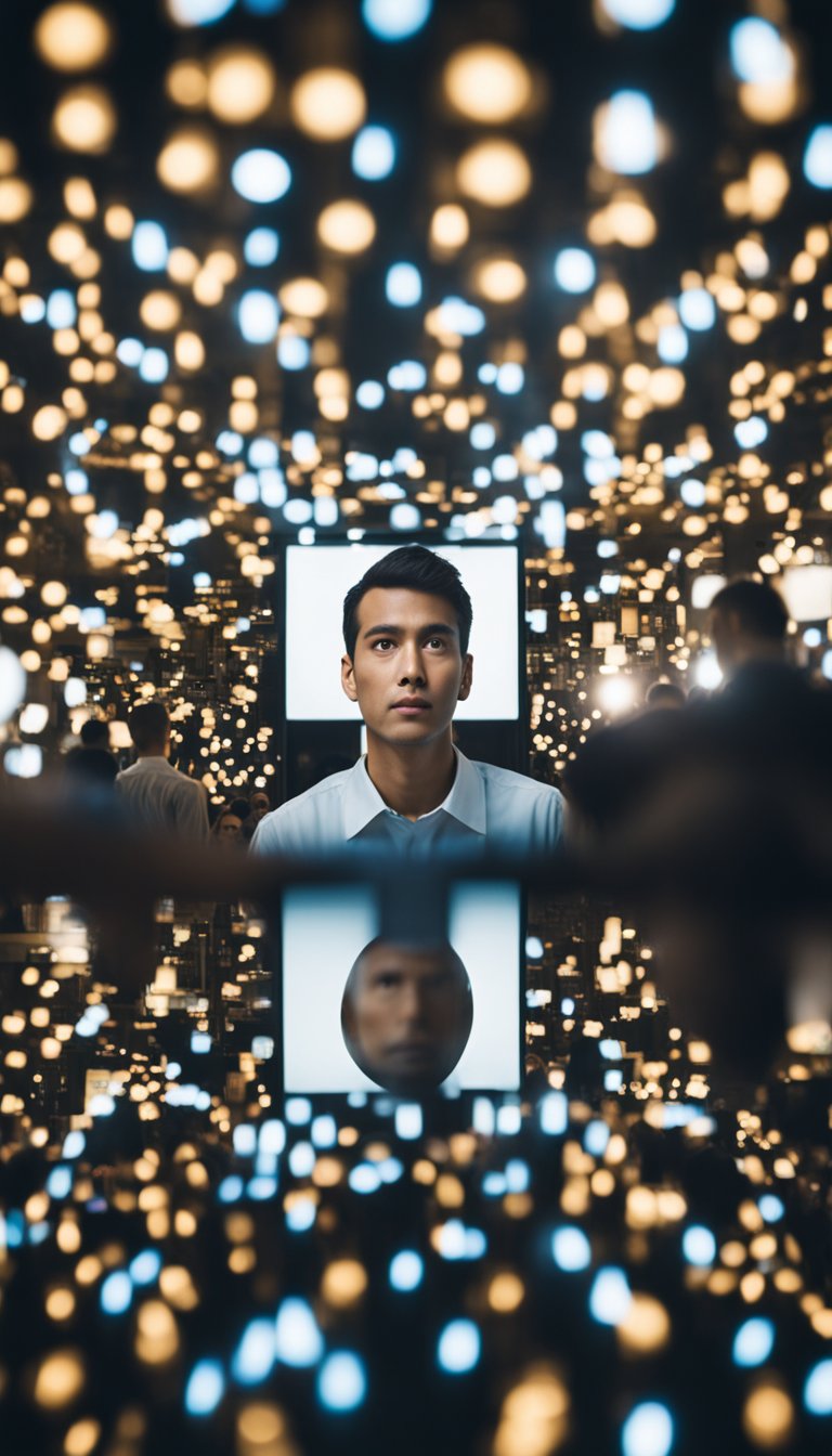 A mirror reflecting a person looking unsure in a crowded room