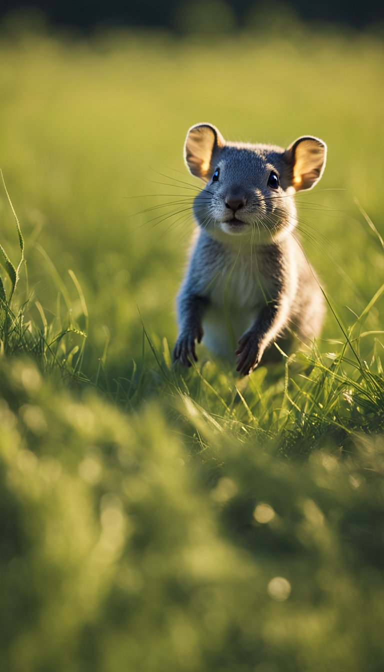 A small animal cautiously approaches a large, open field, surrounded by towering trees and a clear, blue sky