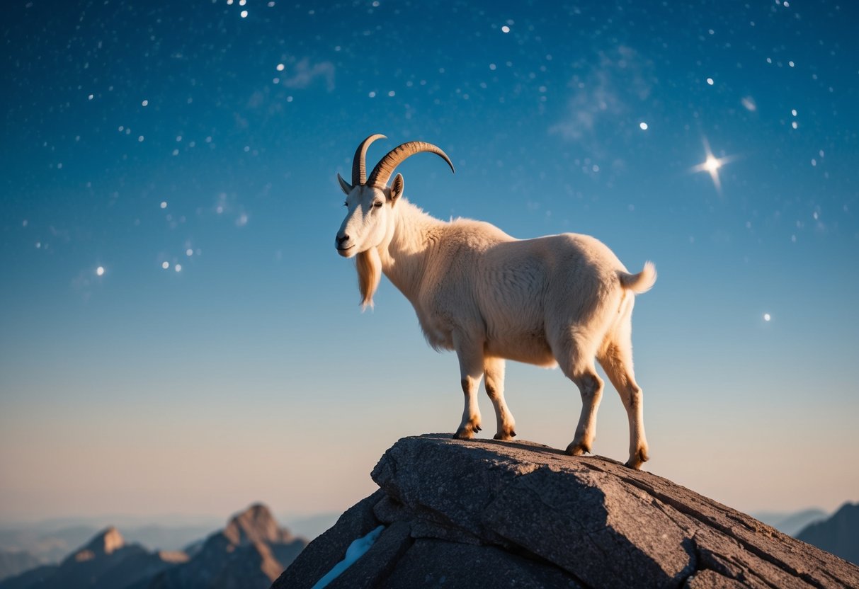 A serene mountain goat stands atop a rocky peak, its gaze fixed on the stars above