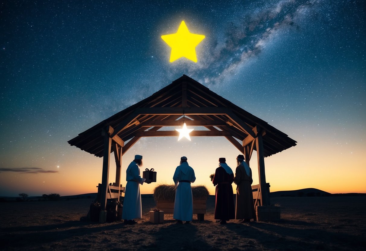 A starry night over a humble stable, with a bright star shining above, and three wise men approaching with gifts