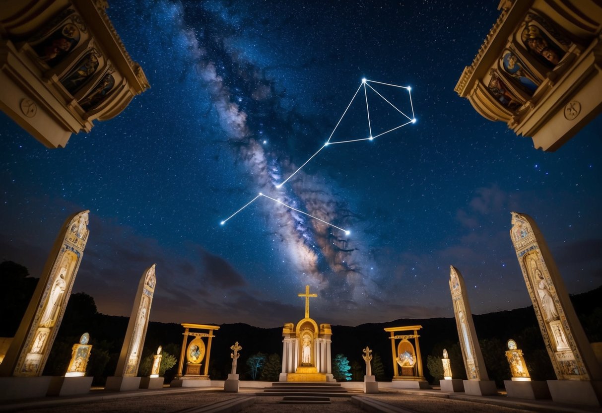 A starry night sky with a prominent constellation of Capricorn, surrounded by ancient religious symbols and cultural artifacts