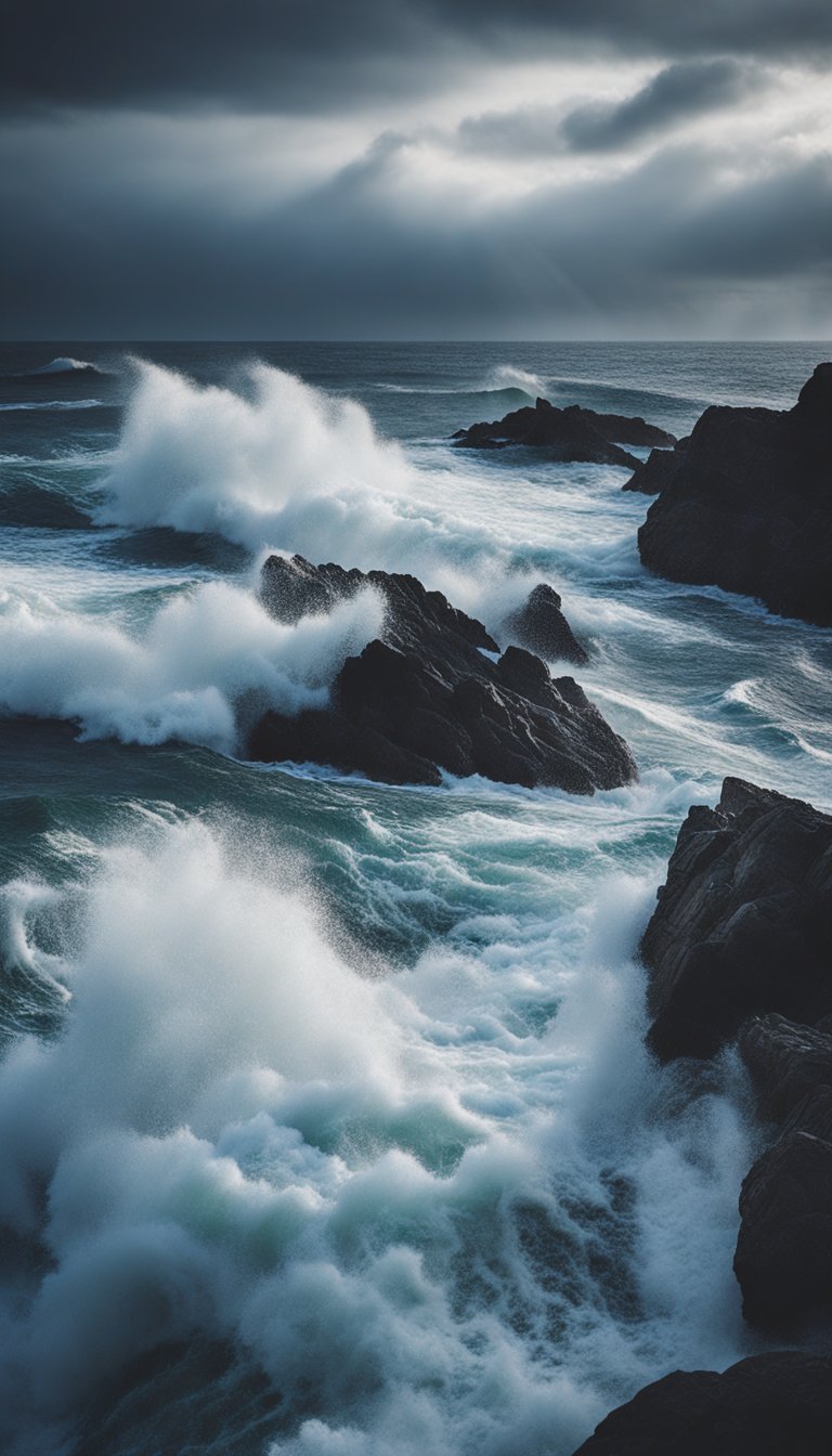 A stormy sky with turbulent waves crashing against jagged rocks
