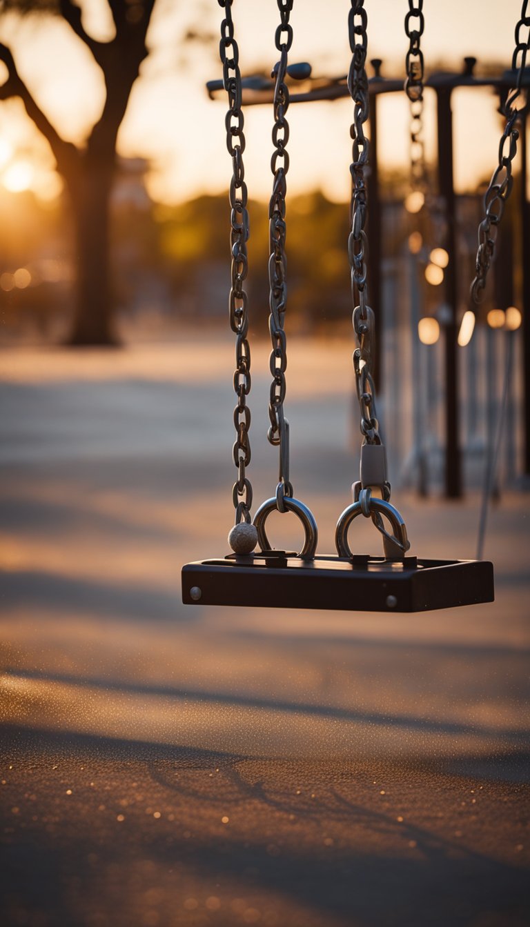 A deserted playground at dusk, with empty swings swaying in the wind and a lone toy left on the ground