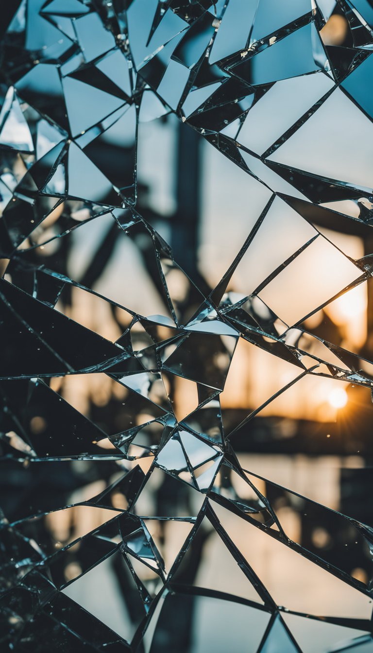 A shattered mirror with fragmented reflections