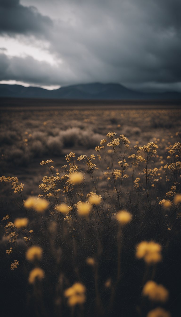 A barren, desolate landscape with wilted flowers and a dark, brooding sky