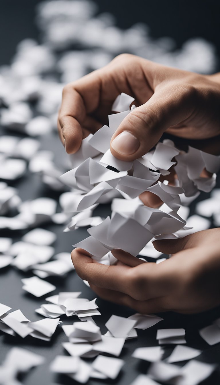 A person impulsively tearing up a paper with 25 scattered pieces