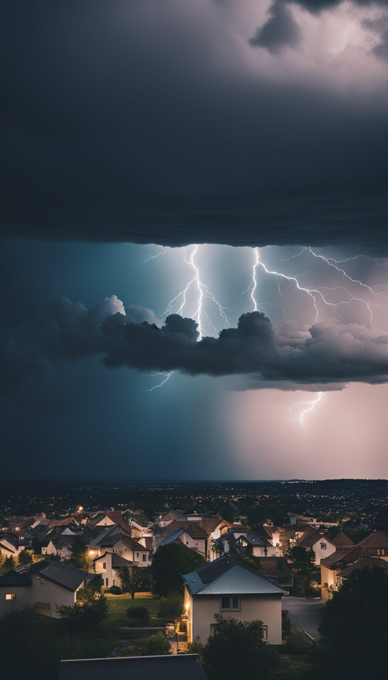 A stormy sky looming over a quiet town, with dark clouds and lightning striking in the distance