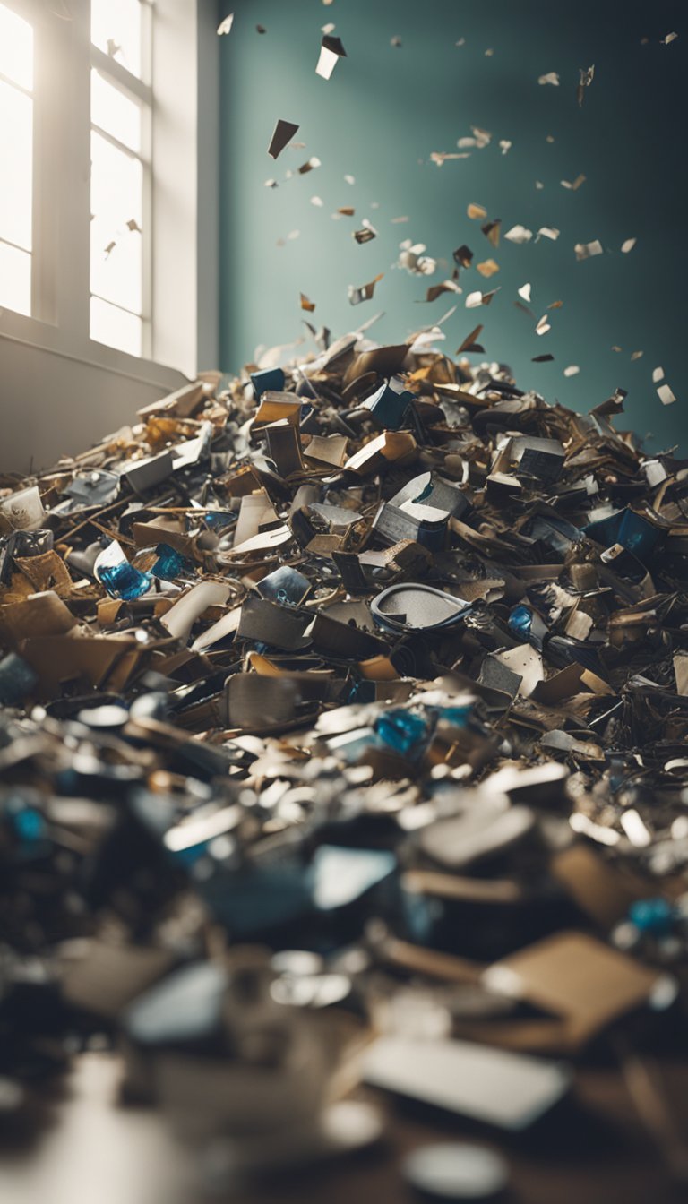 A scattered pile of broken objects and scattered debris, surrounded by a sense of chaos and distress