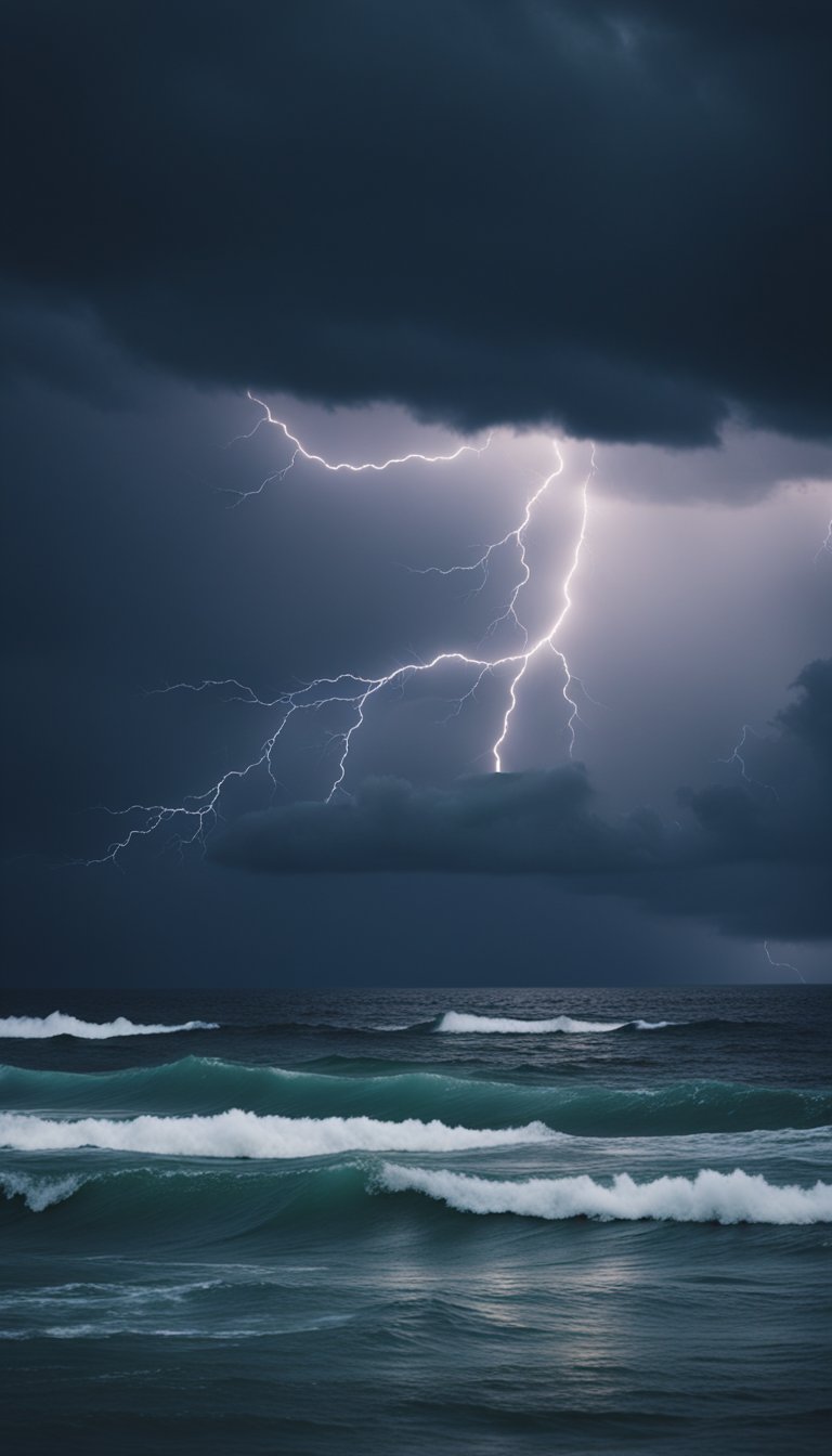 A stormy sky with dark clouds and lightning striking a turbulent sea