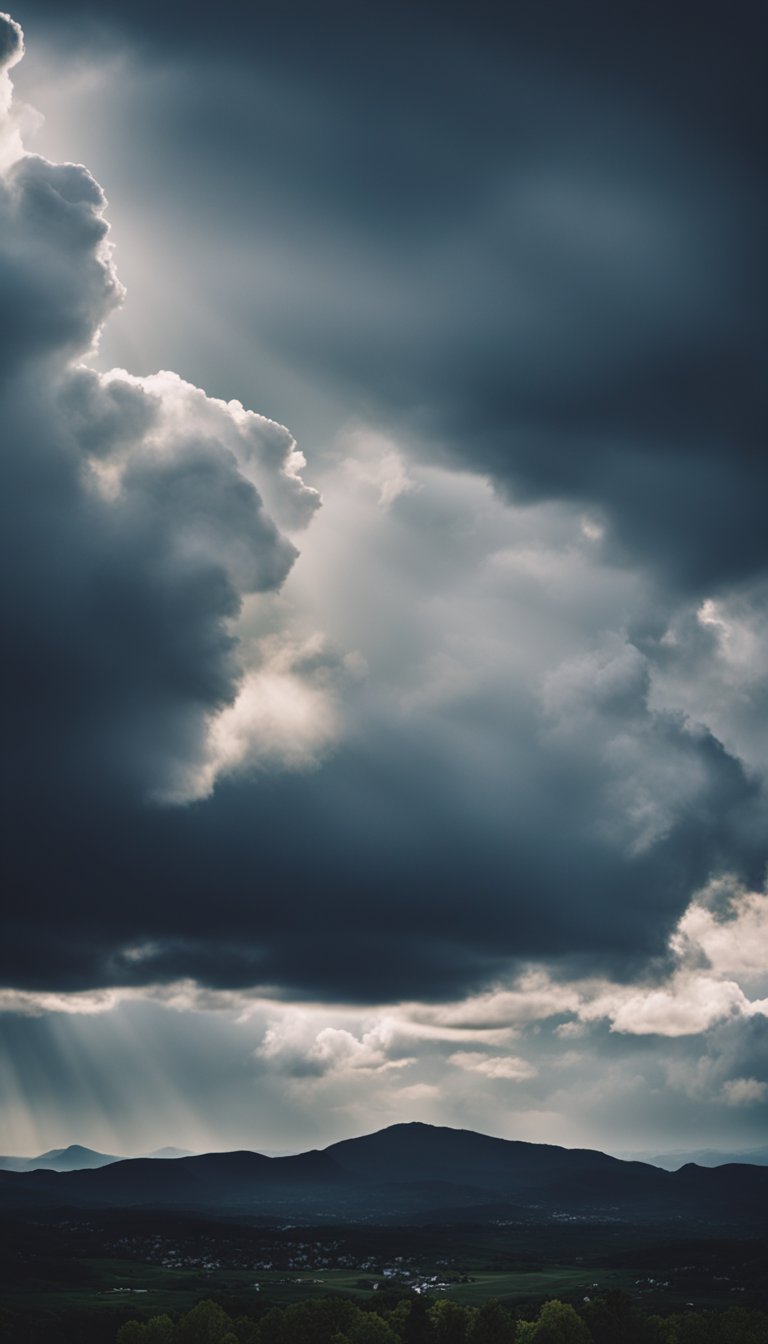 A stormy sky with alternating dark and light clouds, casting dramatic shadows on a serene landscape