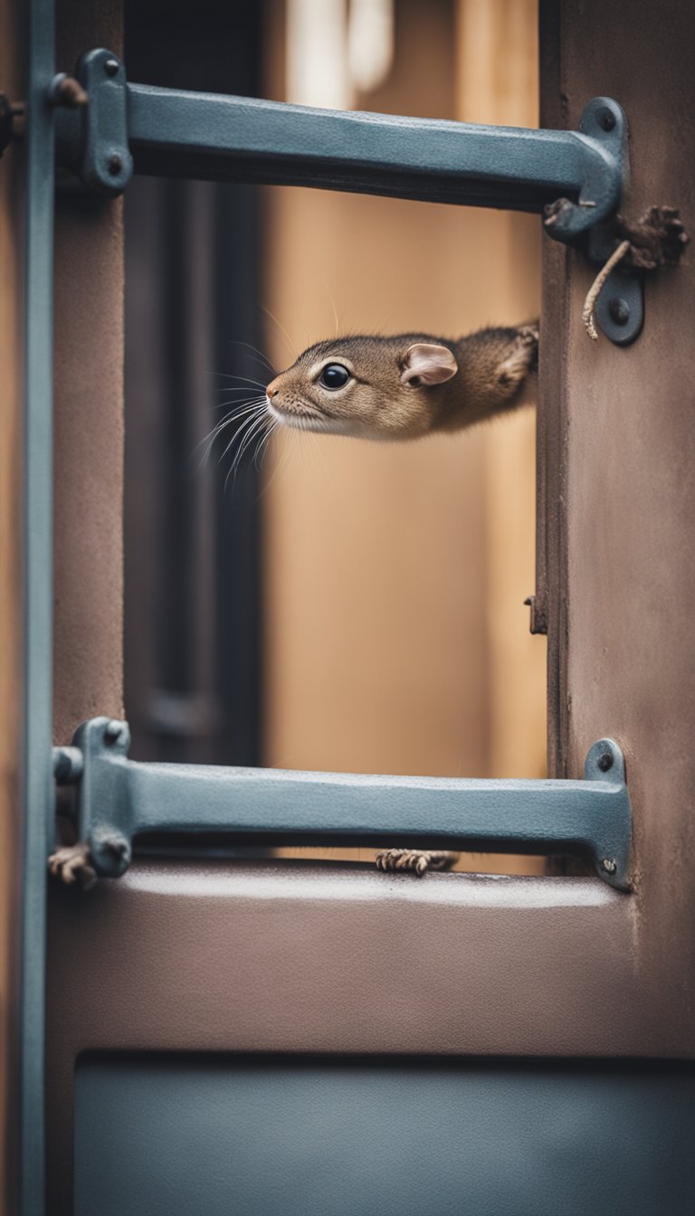 A small animal desperately clawing at a closed door, with wide eyes and a trembling body