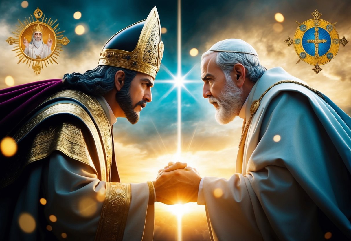 A dramatic clash between two powerful figures, with an aura of divinity and authority, surrounded by symbols of their respective faiths