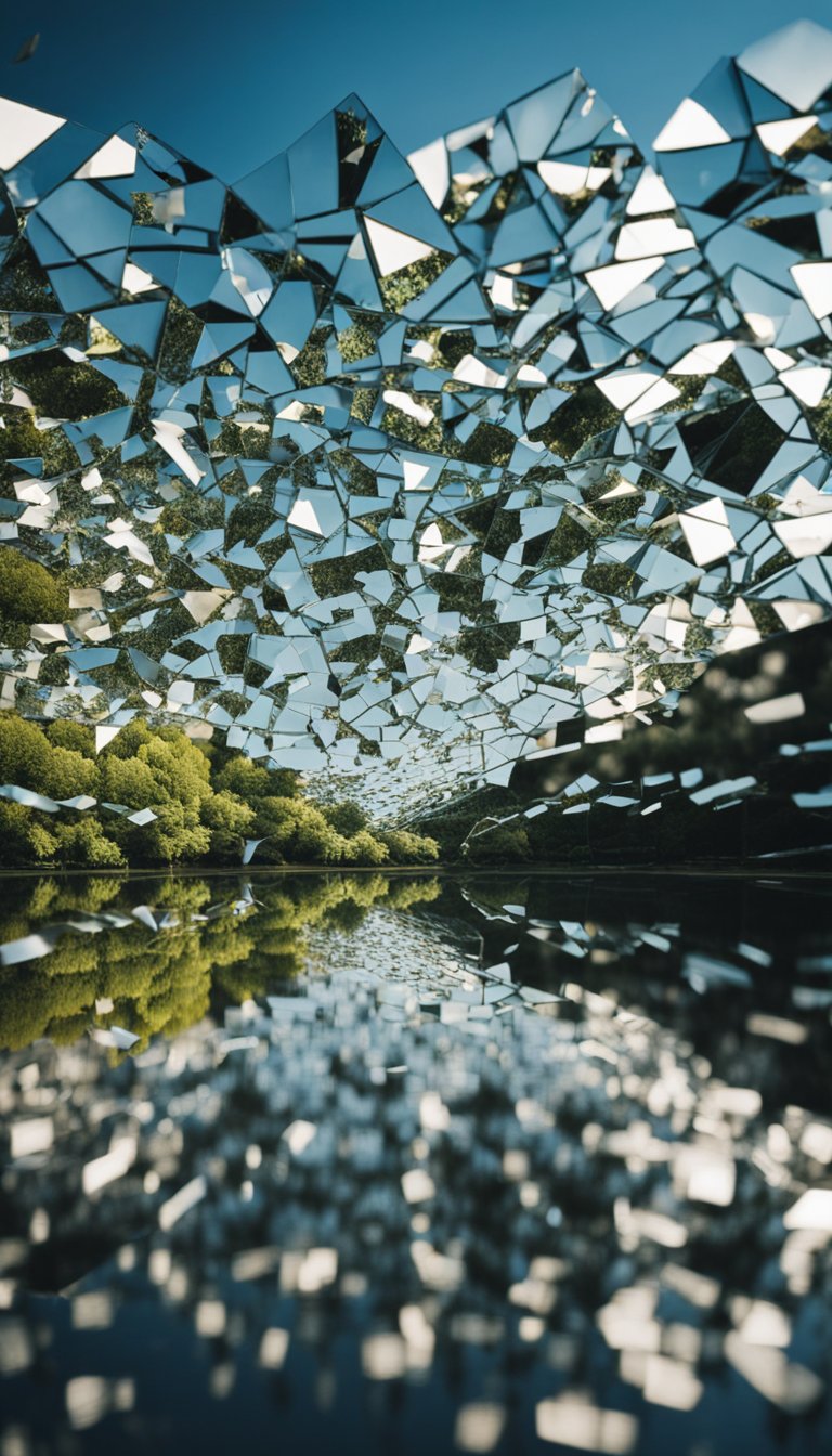 A shattered mirror reflecting fragmented images of various objects and landscapes