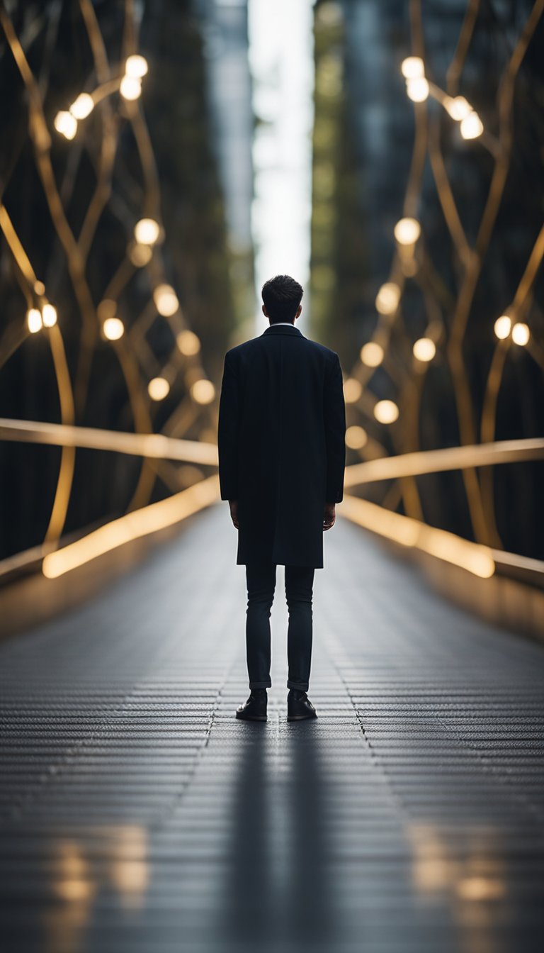 A figure stands between two paths, one bright and one dark, with a clear divide between them