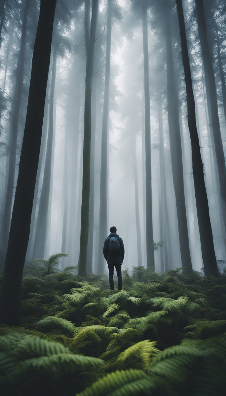 A person standing in a foggy forest, surrounded by distorted and fragmented images of their surroundings