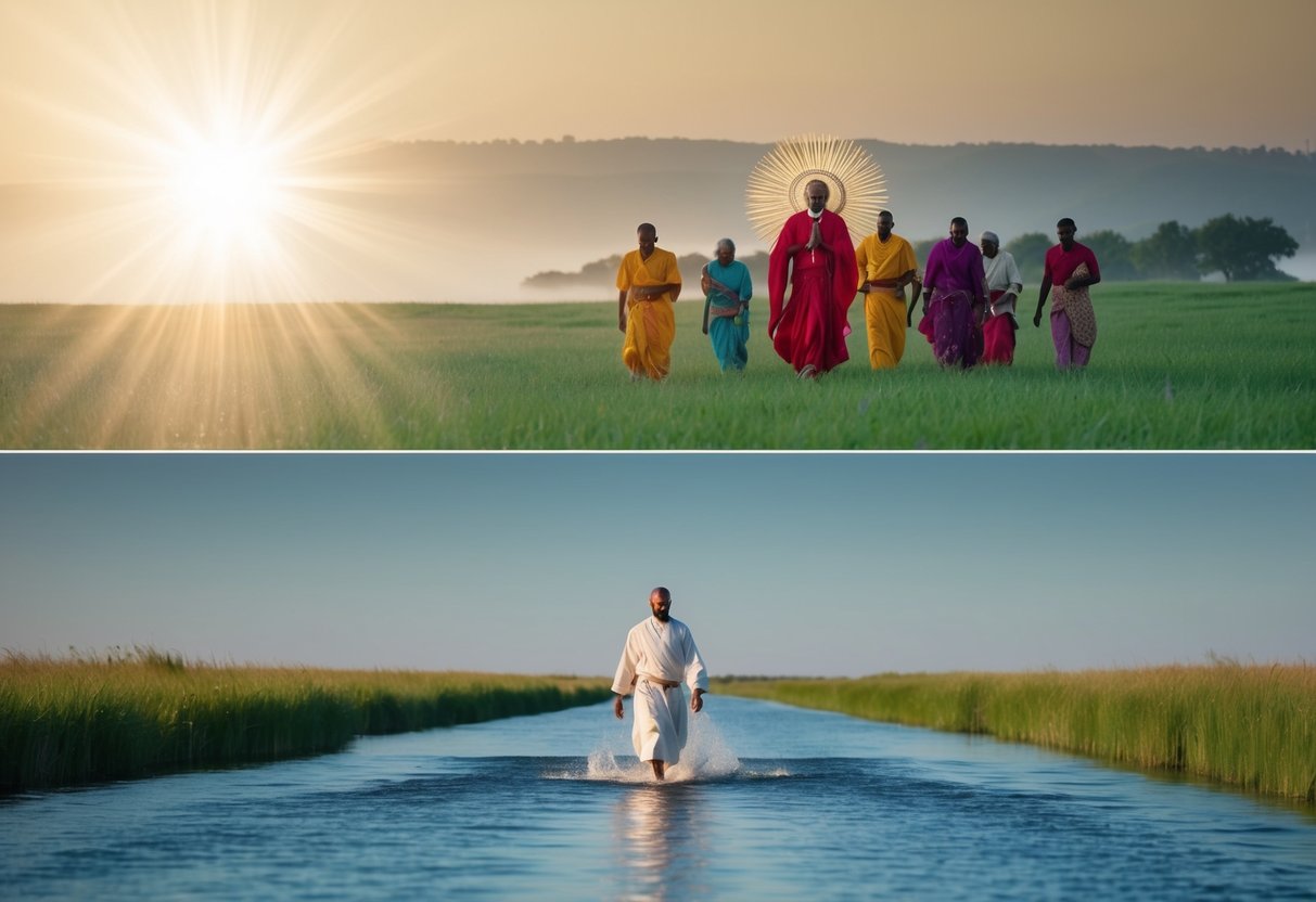 A serene landscape with a radiant figure surrounded by followers, contrasting with a figure leading a group through a parted body of water