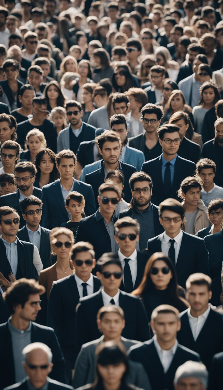 A person standing alone in a crowd, with a blank expression while others around them show various emotional reactions