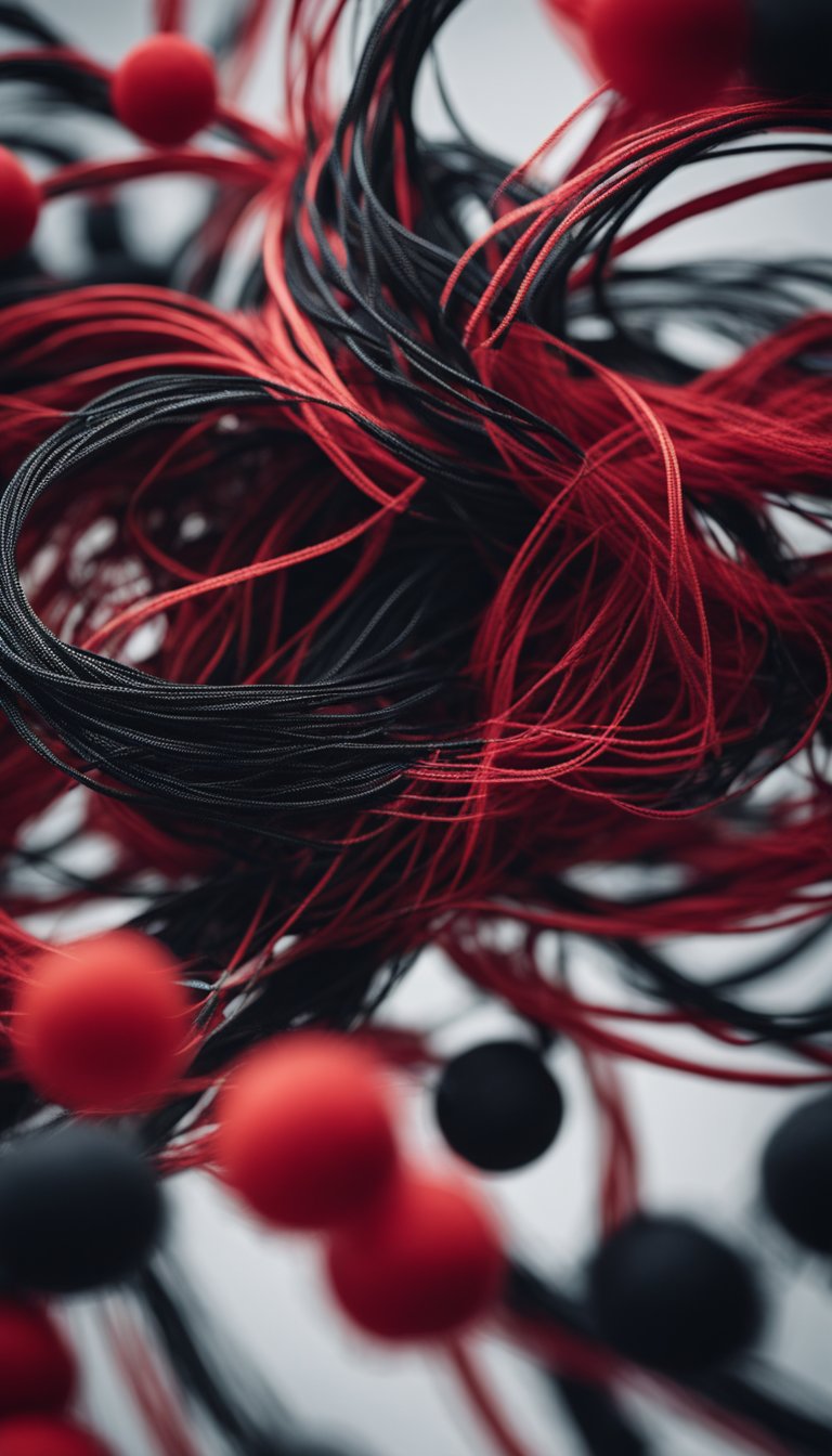 A tangle of red and black threads swirling in a chaotic dance, weaving in and out of each other with an air of desperation and intensity