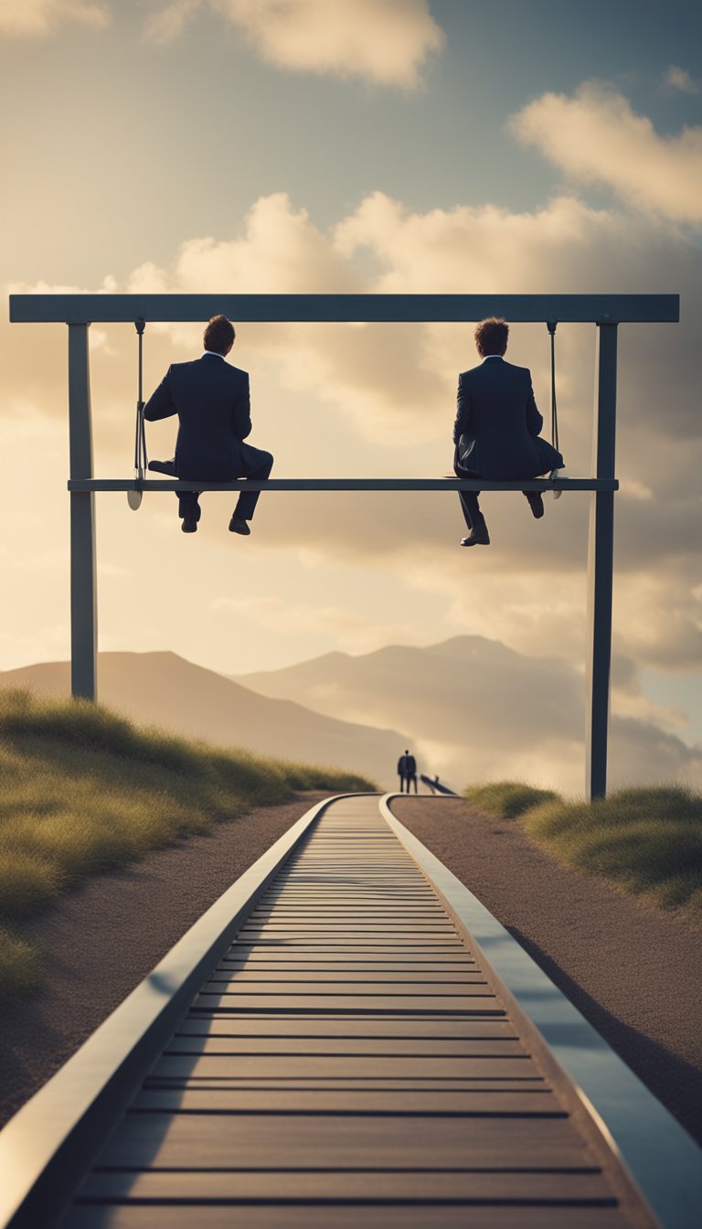 Two figures on opposite ends of a seesaw, one elevated and the other grounded, surrounded by fluctuating emotions and shifting perspectives