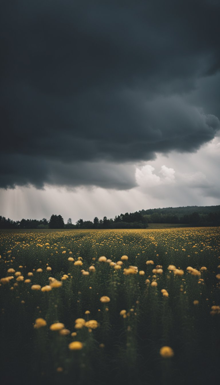 A dark storm cloud hovering over a field of wilted flowers