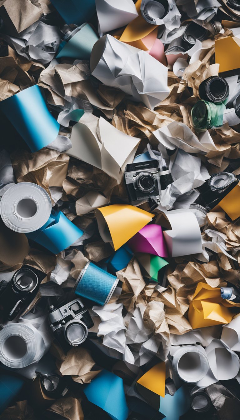 A pile of crumpled paper surrounded by discarded art supplies