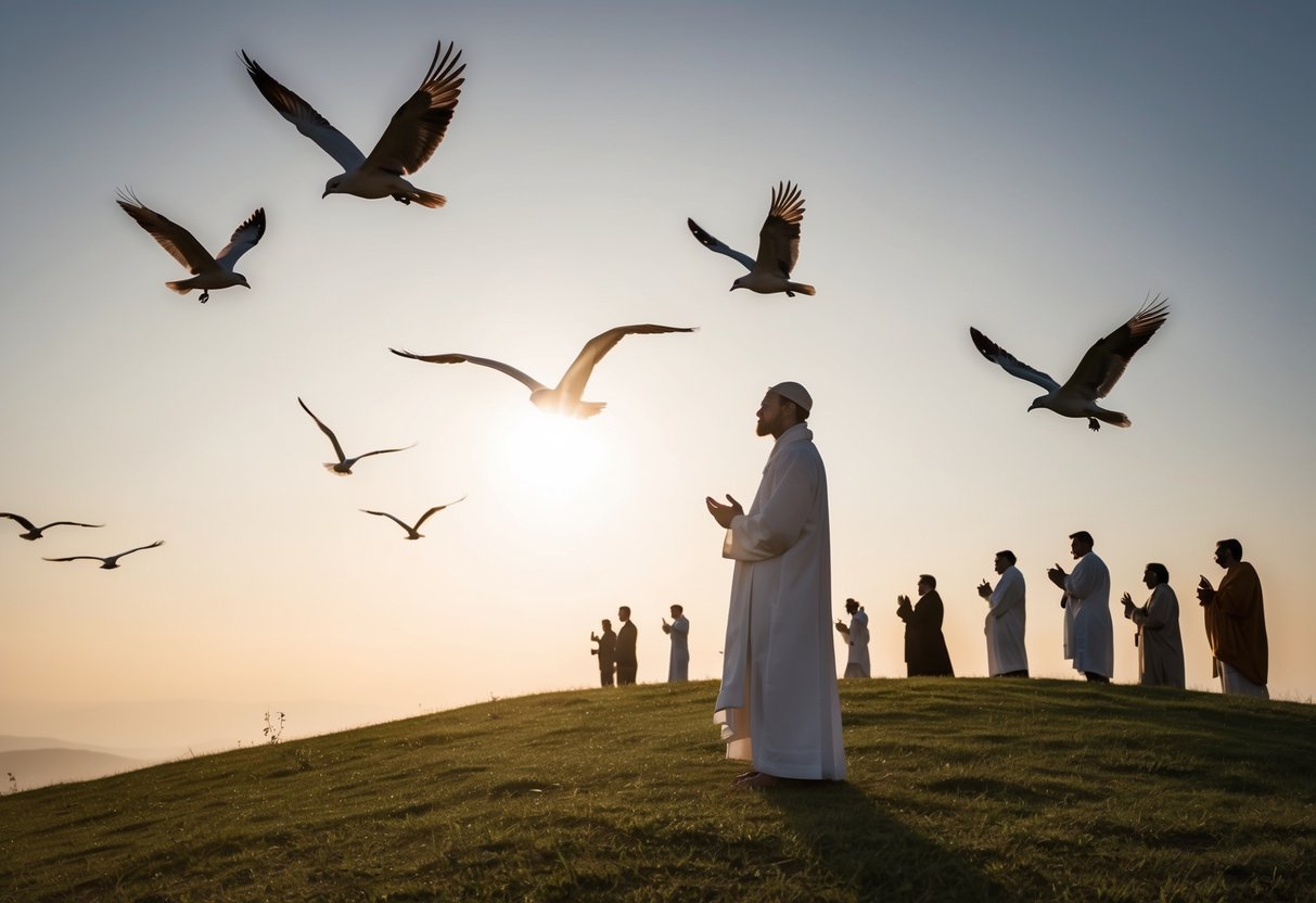 A serene figure stands on a hill, surrounded by followers. The sun shines down as birds circle overhead, creating a sense of peace and reverence